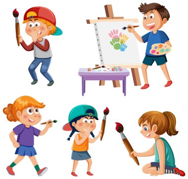 School kids cartoon characters set illustration