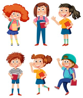 School kids cartoon characters set illustration