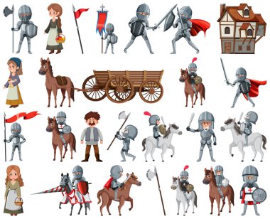Medieval cartoon characters and objects illustration