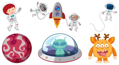 Set of space cartoon characters and objects illustration