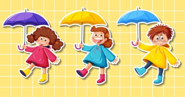 Set of cartoon character wearing raincoat holding umbrella illustration