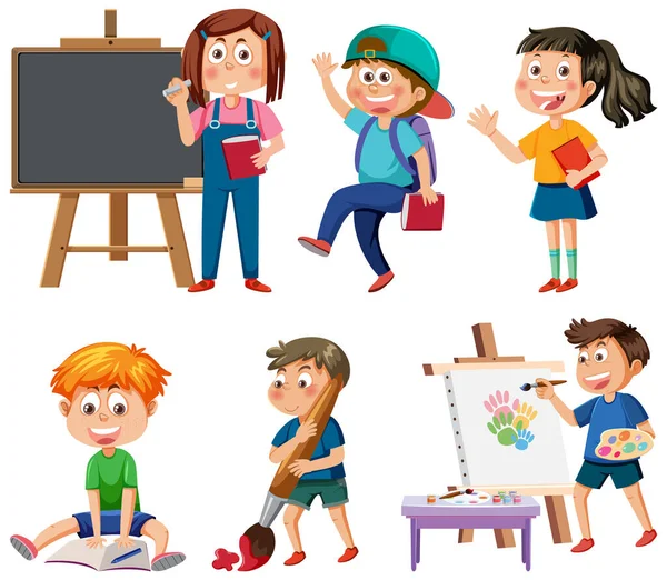 School Kids Cartoon Characters Set Illustration — Stock vektor