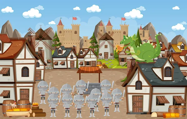 Medieval Village Scene Castle Background Illustration — Vetor de Stock