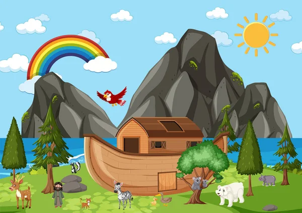 Noah Ark Wild Animals Nature Scene Illustration — Stock Vector