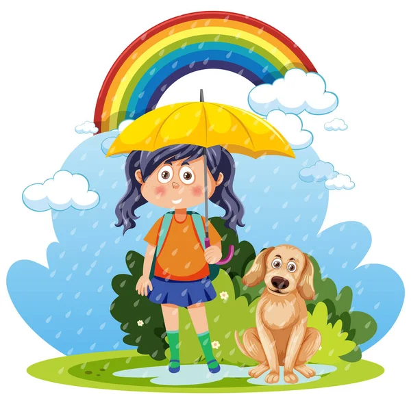Ein Mädchen Mit Regenschirm Und Hund — Stockvektor