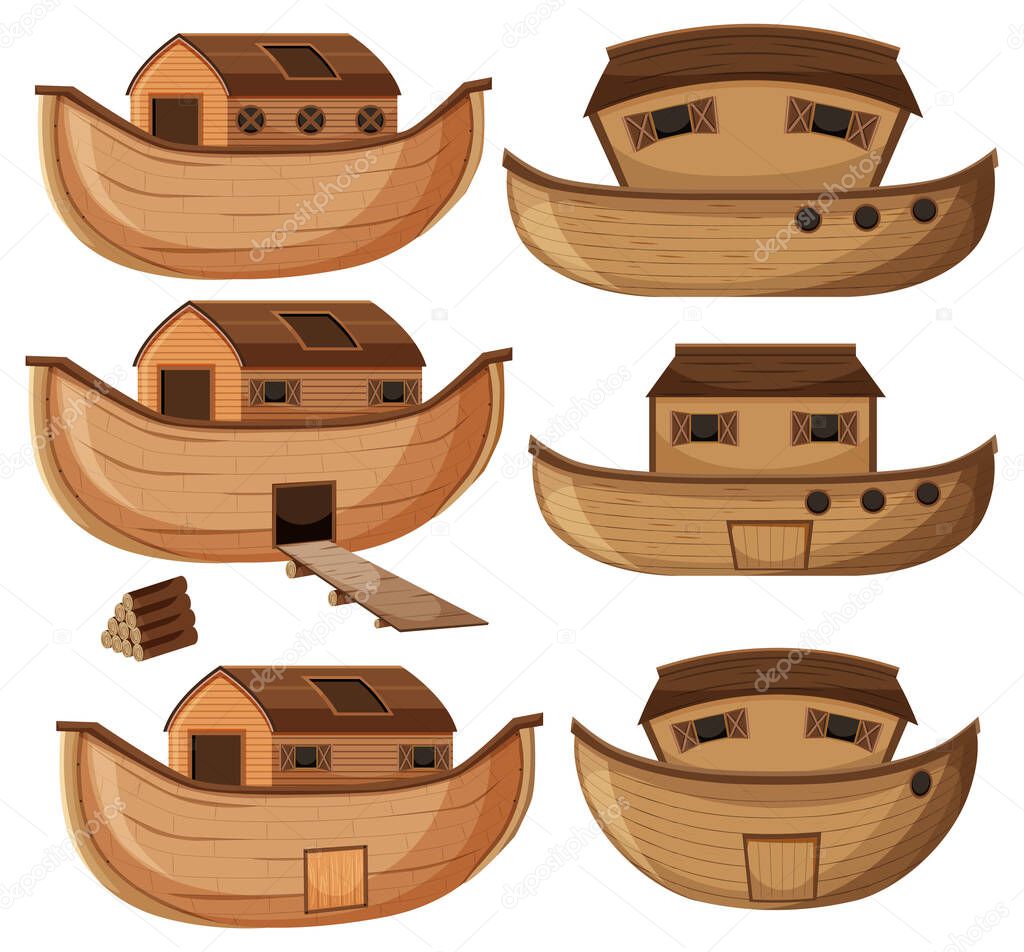 Set of different wooden ships illustration