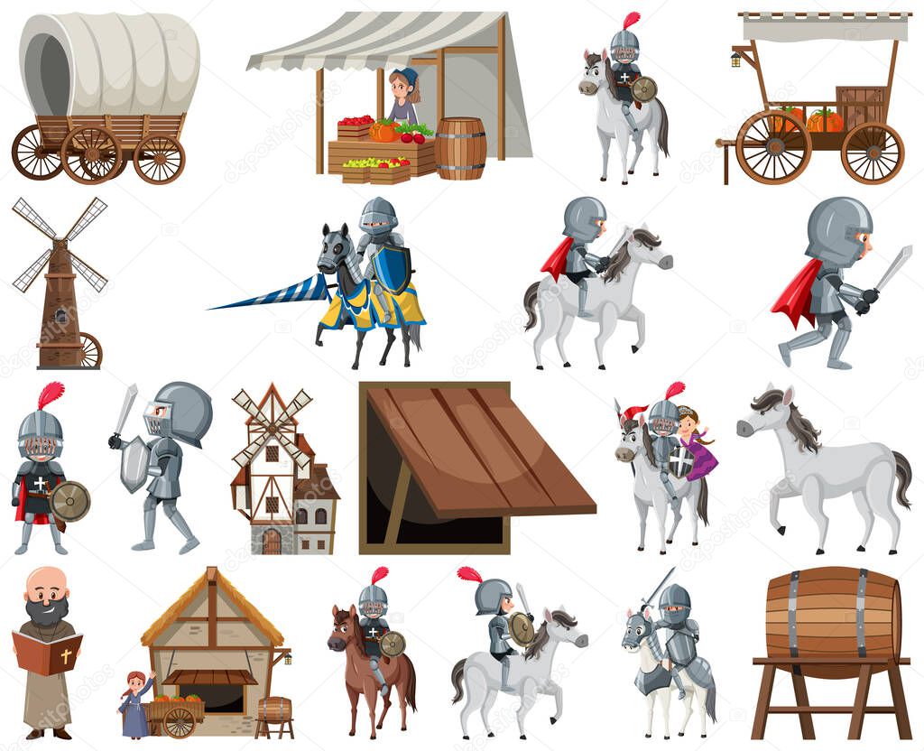 Medieval cartoon characters and objects illustration