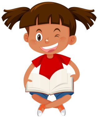 Çizgi film stili resimlerle kitap okuyan mutlu bir kız.