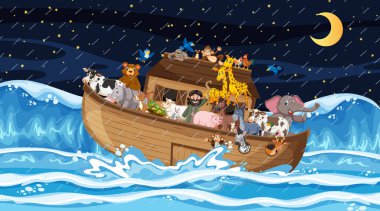 Ocean scene with Noah's ark with animals illustration