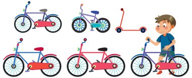 Boy with different bicycle on white background illustration