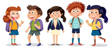 School kids cartoon characters set illustration