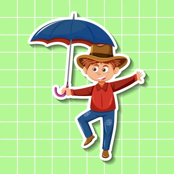 Cute Boy Cartoon Character Holding Umbrella Sticker Style Illustration — Stockvektor