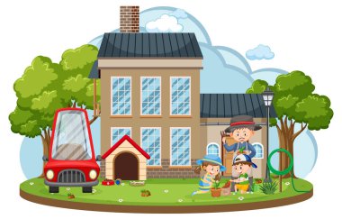 Arka bahçede çocuk bahçeleri çiziyor.