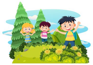 Happy children enjoying outdoor at the yard illustration