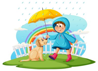 Rainy day with a boy in raincoat and a dog illustration