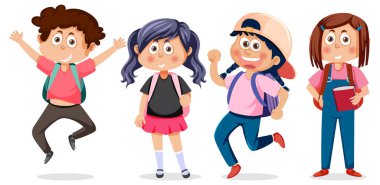 School kids cartoon characters set illustration