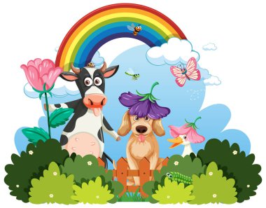 Cartoon cow and dog in bush illustration