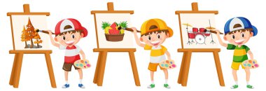Boys painting on canvas cartoon illustration