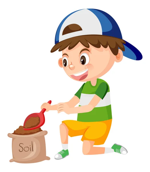 Boy Holding Shovel Dipping Soil Bag Illustration —  Vetores de Stock