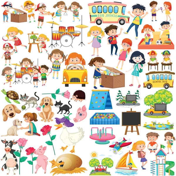 Conjunto Diferentes Niños Lindos Objetos Ilustración — Vector de stock