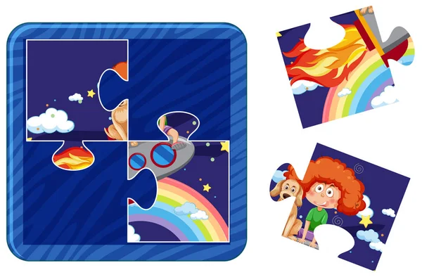 Girl Her Dog Space Photo Jigsaw Puzzle Game Illustration — Stock vektor