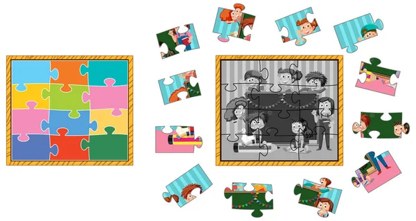 School Kids Photo Puzzle Game Illustration — Stok Vektör