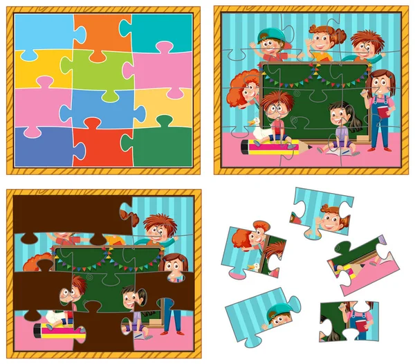 School Kids Photo Jigsaw Puzzle Game Illustration — Image vectorielle