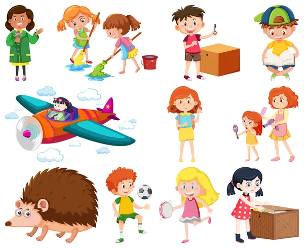 Conjunto Diferentes Niños Lindos Objetos Ilustración — Vector de stock