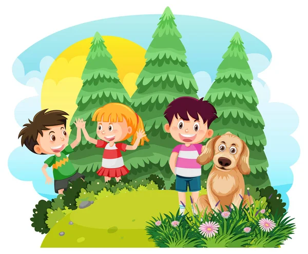 Happy Children Enjoying Outdoor Yard Illustration — Archivo Imágenes Vectoriales