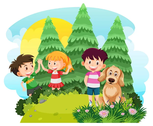 Happy children enjoying outdoor at the yard illustration