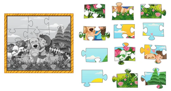 Girl Dog Photo Jigsaw Puzzle Game Template Illustration — Stok Vektör
