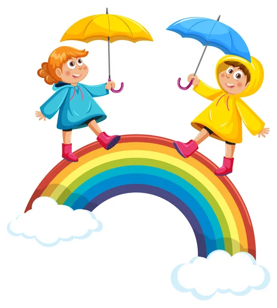 Kinder Auf Regenbogen Himmel Illustration — Stockvektor