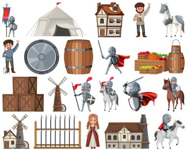 Medieval cartoon characters and objects illustration