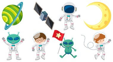 Set of space cartoon characters and objects illustration