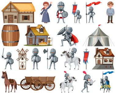 Medieval cartoon characters and objects illustration