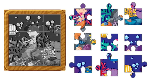 Mermaid Photo Jigsaw Puzzle Game Template Illustration — Stock vektor