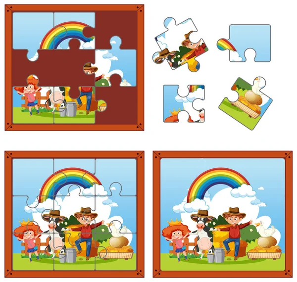Farm Characters Photo Puzzle Game Template Illustration — Vetor de Stock
