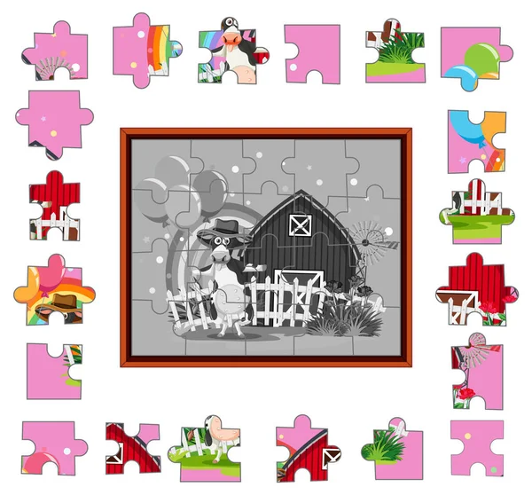 Cow Farm Photo Jigsaw Puzzle Game Template Illustration — ストックベクタ