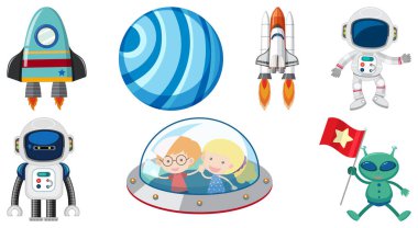 Set of space cartoon characters and objects illustration