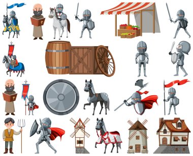 Medieval cartoon characters and objects illustration