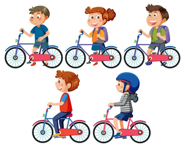 Children Riding Bicycles Set Illustration — 스톡 벡터