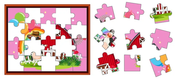 Cow Farm Photo Jigsaw Puzzle Game Template Illustration — Stockvector