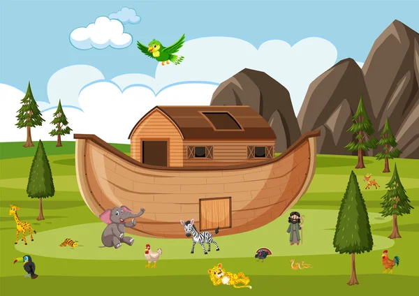 Arche Noé Avec Des Animaux Sauvages Dans Nature Illustration Scène — Image vectorielle