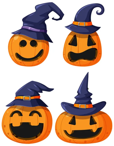 Set Pumpkin Halloween Wearing Witch Hat Illustration — Stok Vektör