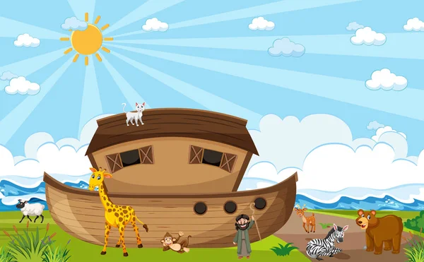 Noah Ark Met Wilde Dieren Natuur Scene Illustratie — Stockvector