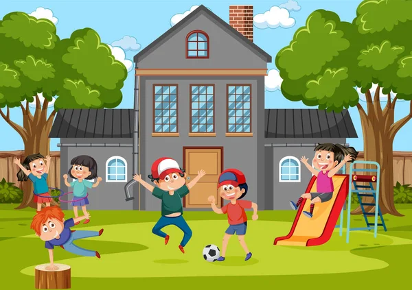 Ευτυχισμένα Παιδιά Στο Σχολείο Παιδική Χαρά Εικονογράφηση — Διανυσματικό Αρχείο