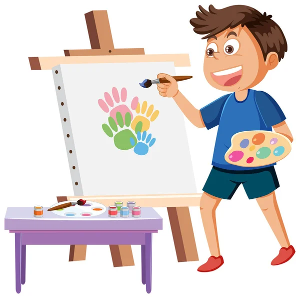 Niño Pintando Sobre Lienzo Ilustración — Vector de stock
