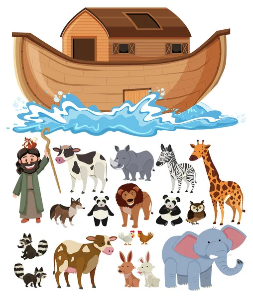 Set Noah Ark Animals Objects Illustration — Vetor de Stock