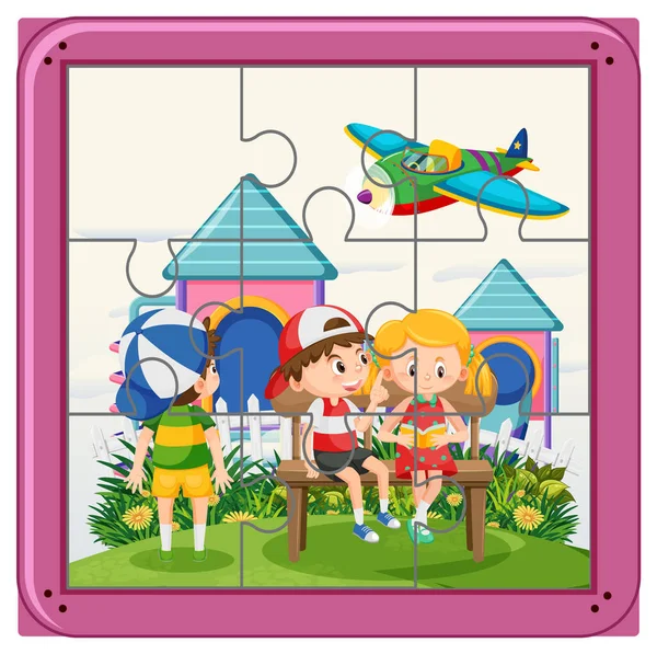 Kids Photo Jigsaw Puzzle Game Template Illustration — Stock vektor