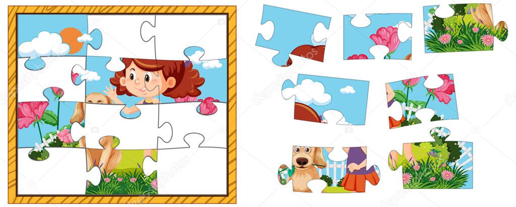 Girl with dog photo puzzle game template illustration